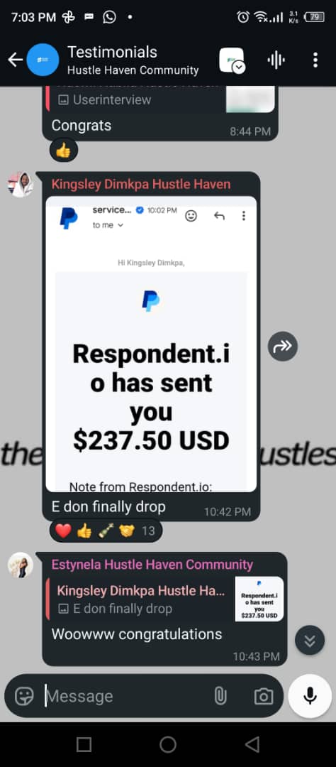 WhatsApp testimonial screenshot